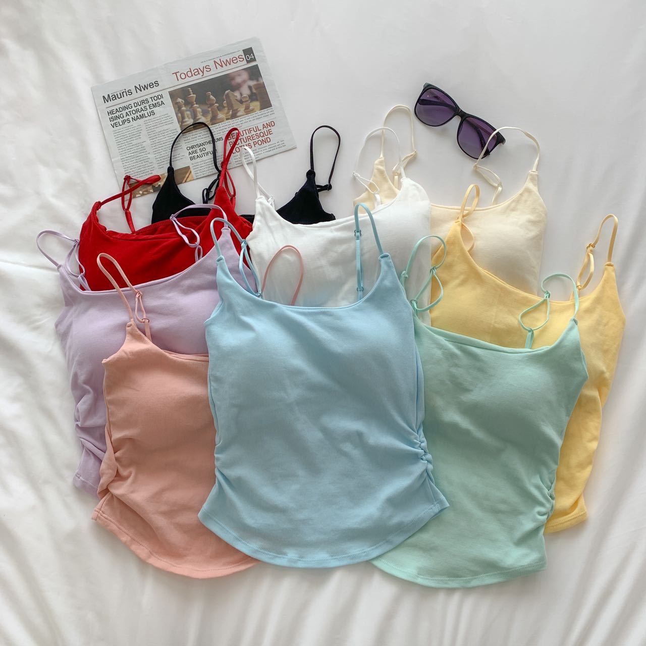 New Seamless Macaron Color Pure Sweet and Spicy Little Suspender Belt with Built-In Breast Pad and Pleated Design Slimming Vest for Women