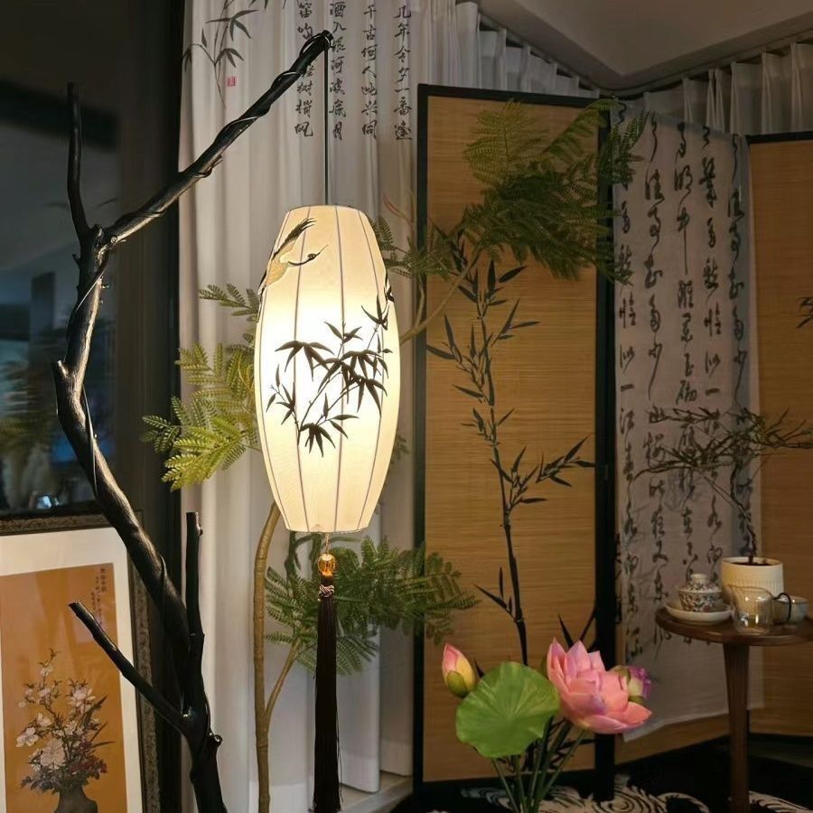 Retro Style Branch Chinese Zen Floor Lamp Living Room Simple Tea Room Study Atmosphere Lamp Fabric Lantern Fishing Lamp