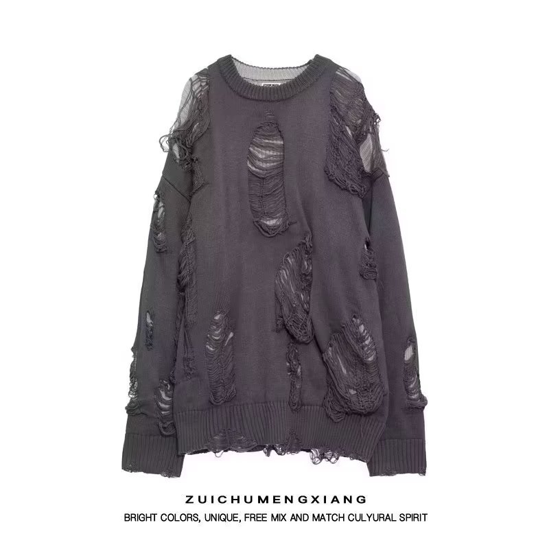 Fake Two-Piece Autumn and Winter American High Street Rip Sweater Men's and Women's Couple oversize Two-Sized Retro Sweater