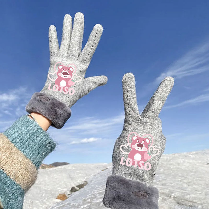 Strawberry Bear Gloves Cute Cartoon Girls Pink Black Winter fleece-lined Touch Screen Warm Five Finger Students