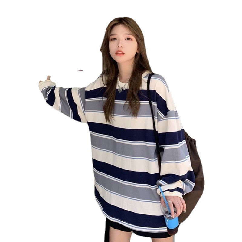 2025 Autumn New Korean Style Loose Striped Long Sleeve T-Shirt for Women, Trendy and Versatile Thin Top for Students