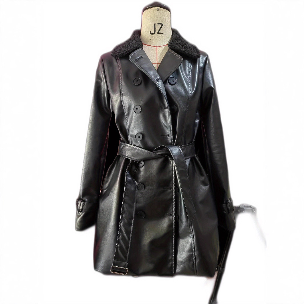 2023 British women's fur collar leather coat mid-length motorcycle thickened leather jacket slim jacket