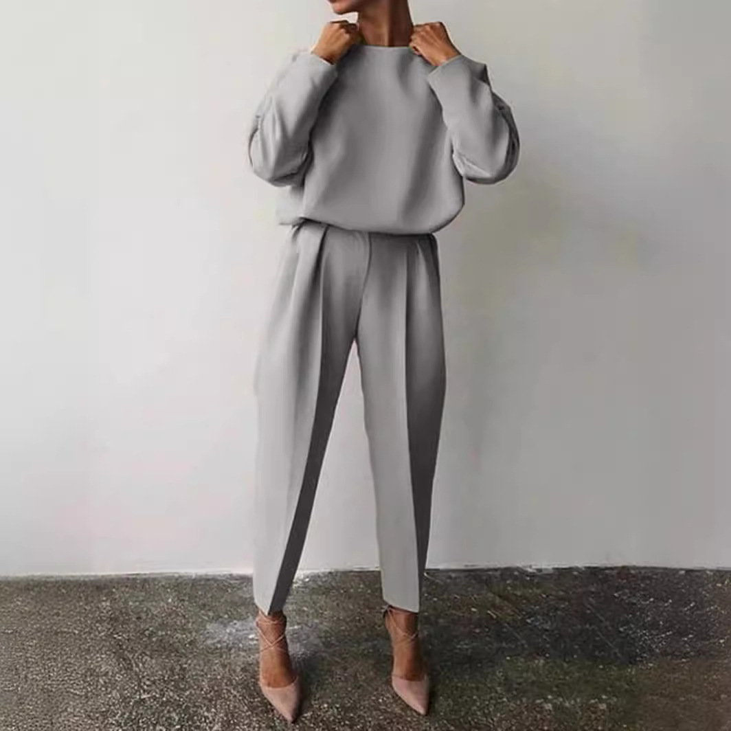 Осенний и зимний кросс-бордерный европейский и американский стиль, Amazon свободный однотонный комплект с длинными рукавами