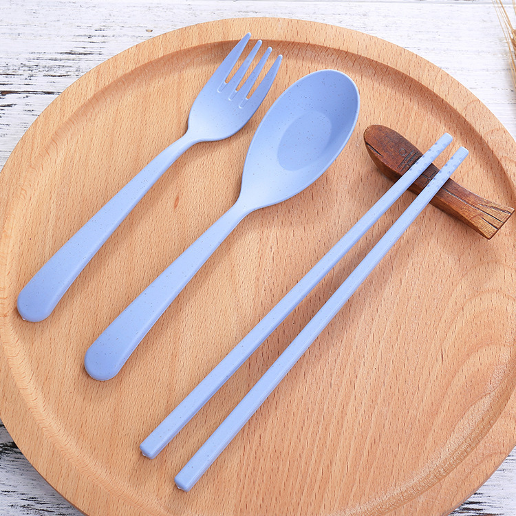 Wheat Straw Tableware Fork, Spoon and Chopsticks Three-Piece Set Scandinavian Color Kidsren's Outdoor Travel Picnic Portable Tableware Set