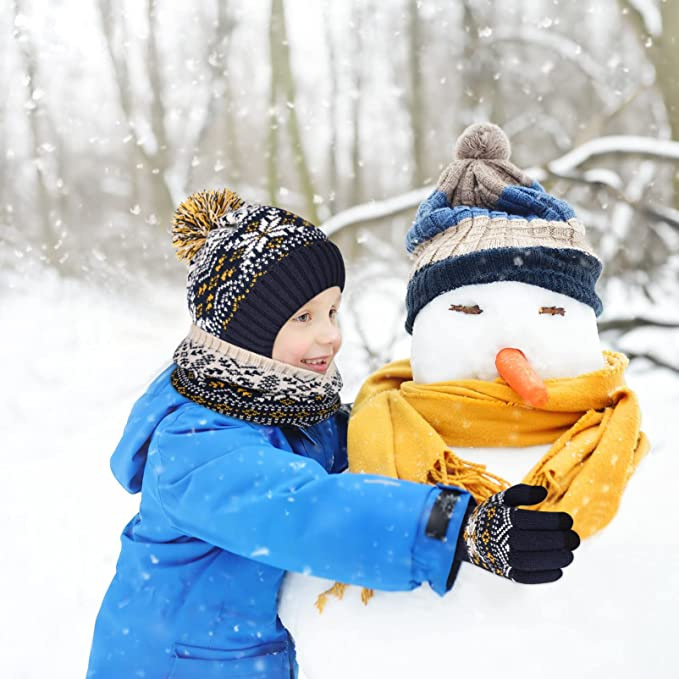 Cross-border children's warm knitted hat scarf gloves snowflake three-piece cartoon car pattern hat suit winter