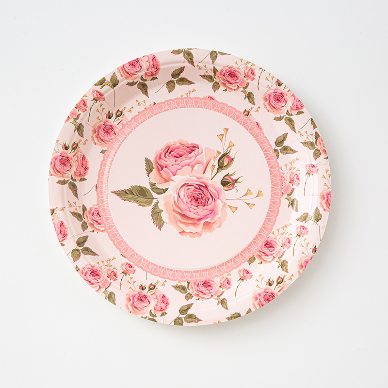 Spring Theme Disposable Paper Plate Set Tea Party Style Flower Appreciation Pattern Paper Plate Paper Cup Tableware
