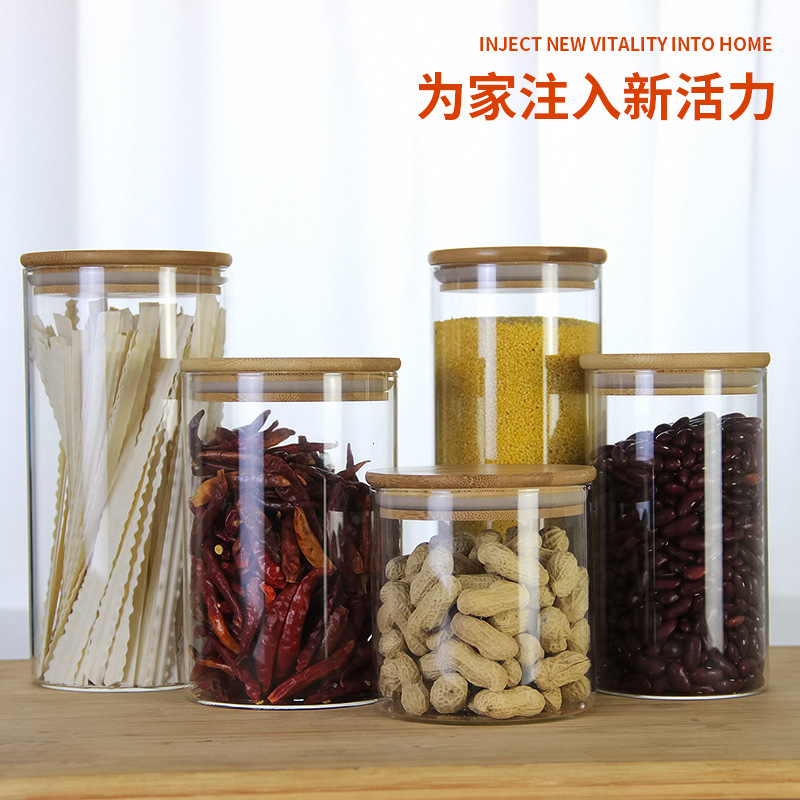 Kitchen Sealed Storage Glass Jar Transparent Round Bamboo Lid Multigrain Tea Packaging Jar Food Tangerine Peel Storage Jar