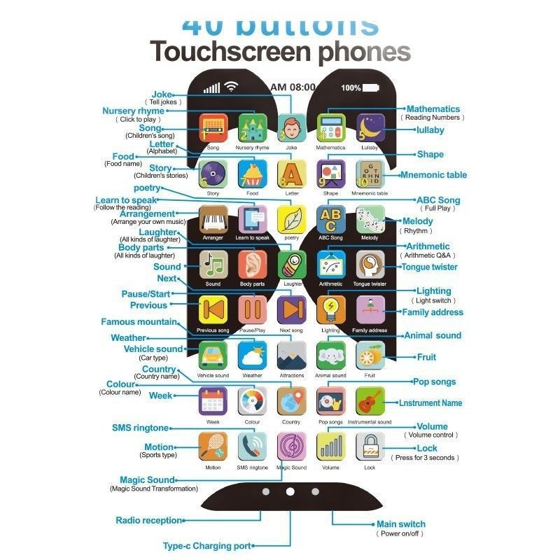 Cross-border new children's early education mobile phone rechargeable touch screen multi-function learning machine smart music simulation phone