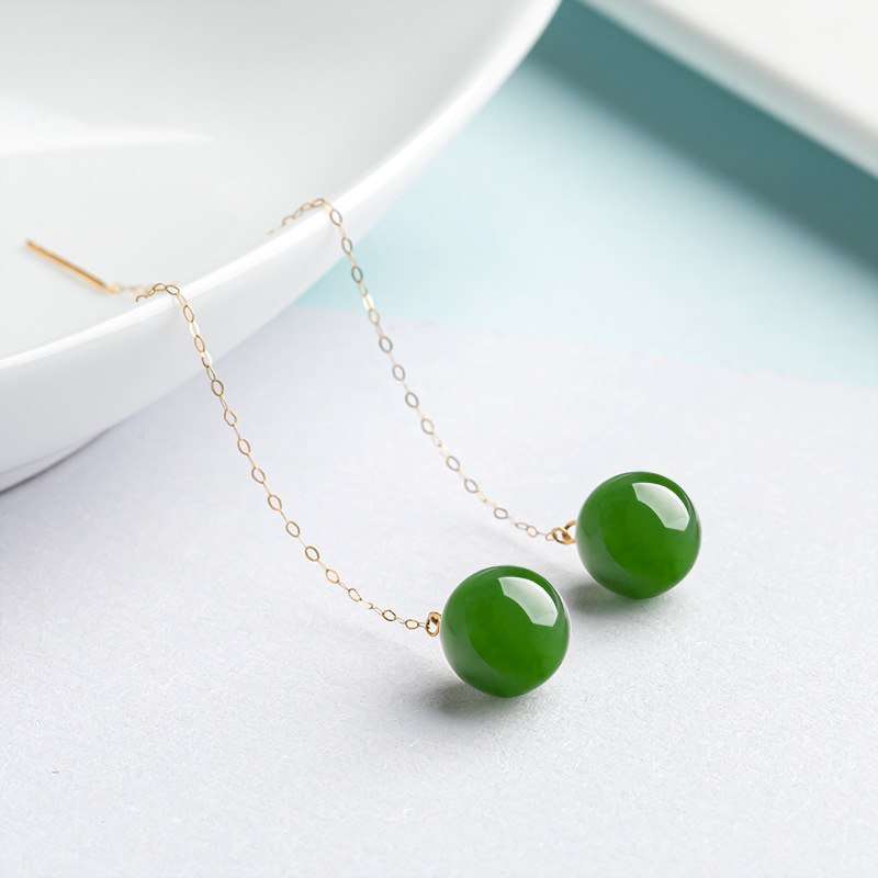 Natural Hetian Jade Jasper Round Bead Earrings for Women 18K Gold Inlaid Spinach Green Jade Round Bead Earrings with Certificate