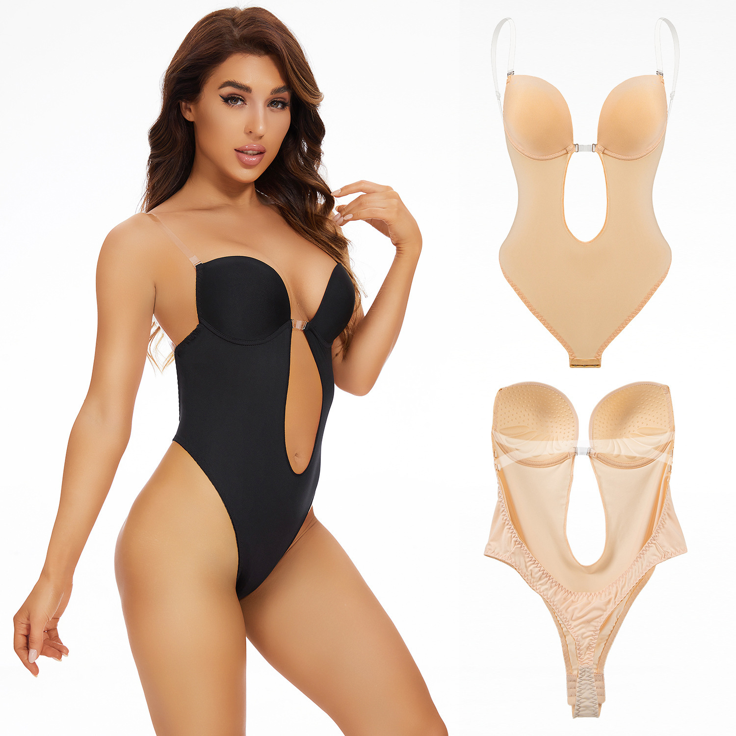 European and American Cross-border plus size Shaping Clothes Deep V Invisible Shoulder Strap Belly-tucking Tunic Leaky Strap Bra Shaping jumpsuit
