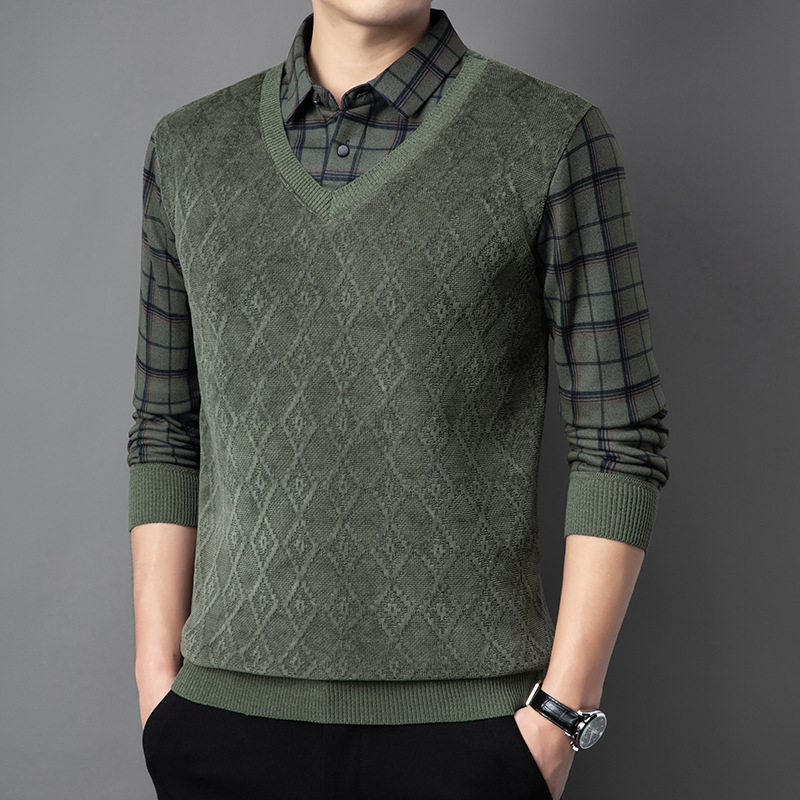 [fleece-lined European velvet cotton] 2024 new men's autumn and winter fake two-piece sweater for middle-aged and elderly fathers sweater backing