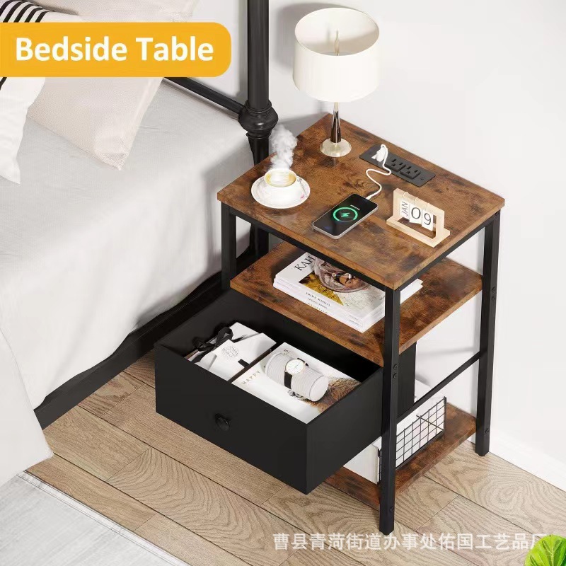 Iron-wood Combination Retro Bedside Table with Drawer Rechargeable Household Bedside Storage Side Table Bedroom Storage Locker