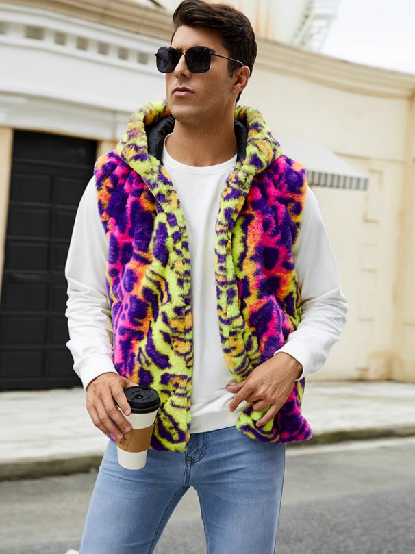 F0780 Amazon Autumn and Winter New Fashion Men's Warm Vest Imitation Fur Leopard Contrast Plush Vest