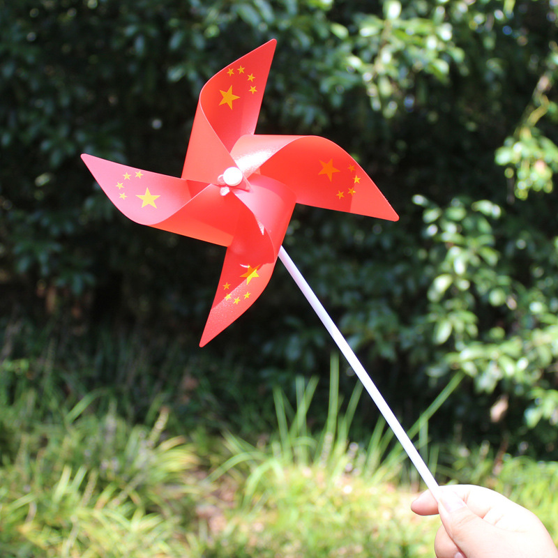 National Day Hot Sale 21cm Children's Four-leaf Five-star Red Flag Plastic Windmill Outdoor Windmill String Garden Scenic Decoration