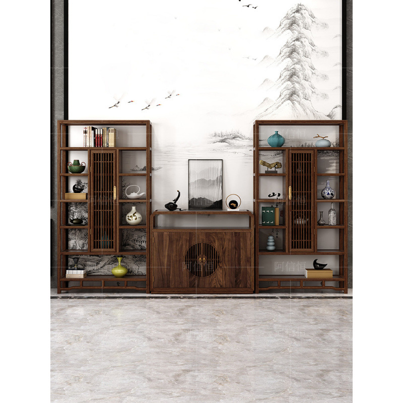New Chinese Style Bookcase Bookshelf Combination Tea Cabinet Black Walnut Solid Wood Ancient Shelf Storage Cabinet High-End Furniture