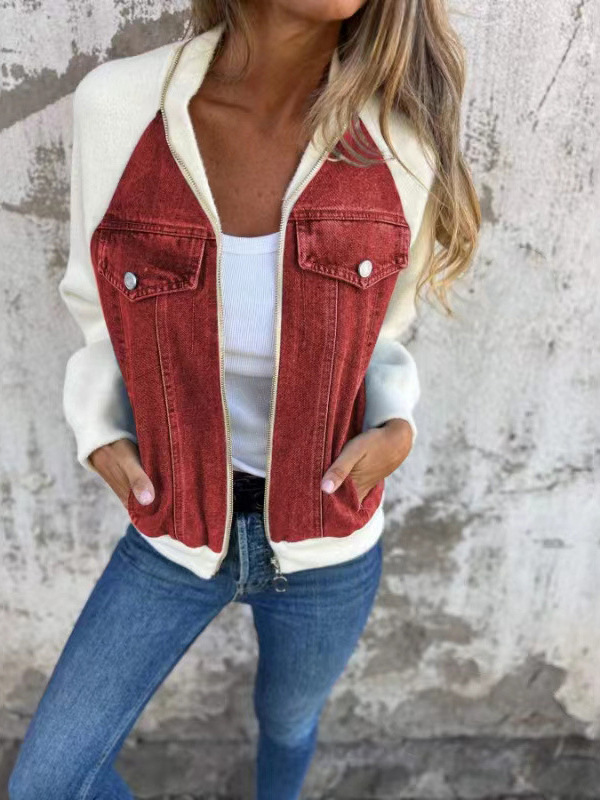 Cross-border Europe and the United States 2024 autumn and winter new Denim stitching jacket Amazon casual fashion rub shoulder sleeve coat women's clothing