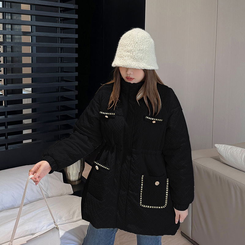 A0036 Winter New Plus Size Design Women's Cotton Jacket, Chanel Style Cotton Coat with Waist-Cinching Mid-Length Design