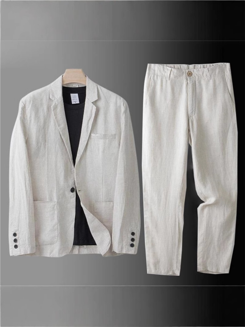 Men's Summer Korean-style Linen Suit suit Slim-fit Thin Cotton and Linen Casual Loose Jacket Anti-screen Two-piece Set for Men