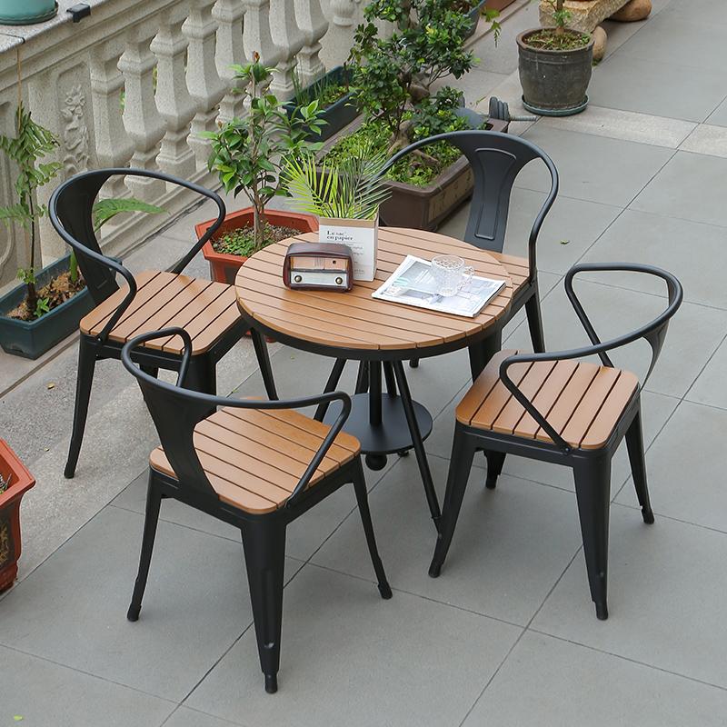 Plastic Wood Outdoor Balcony Table and Chair Leisure Villa Courtyard Coffee Milk Tea Shop Waterproof Anti-Corrosion Wood Table and Chair Combination Kit
