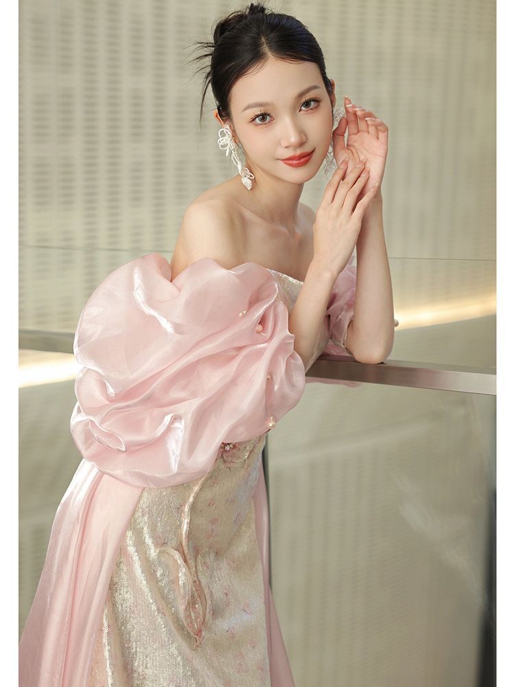 Pink Super Fairy Bride Morning Robe Dinner Banquet Engagement Dress Light Luxury Strapless Art Examination Dowel Style Toast Dress