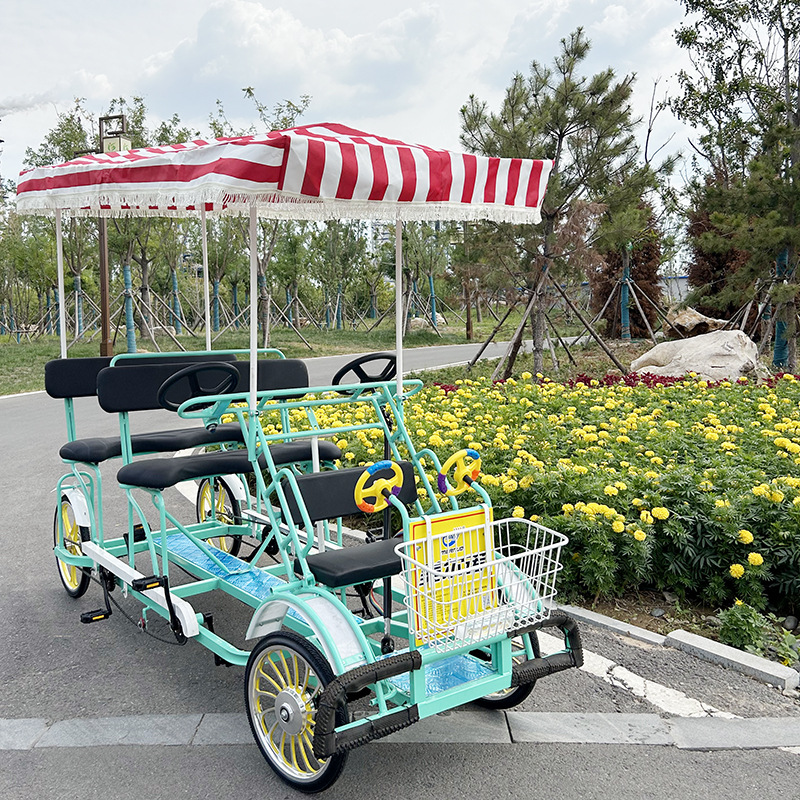 Four-Person Double-Row Pedal Bicycle, Multi-Person Riding Green Road Scenic Spot Sightseeing Bike, Leisure Couple Park, Four-Seater and Four-Wheel
