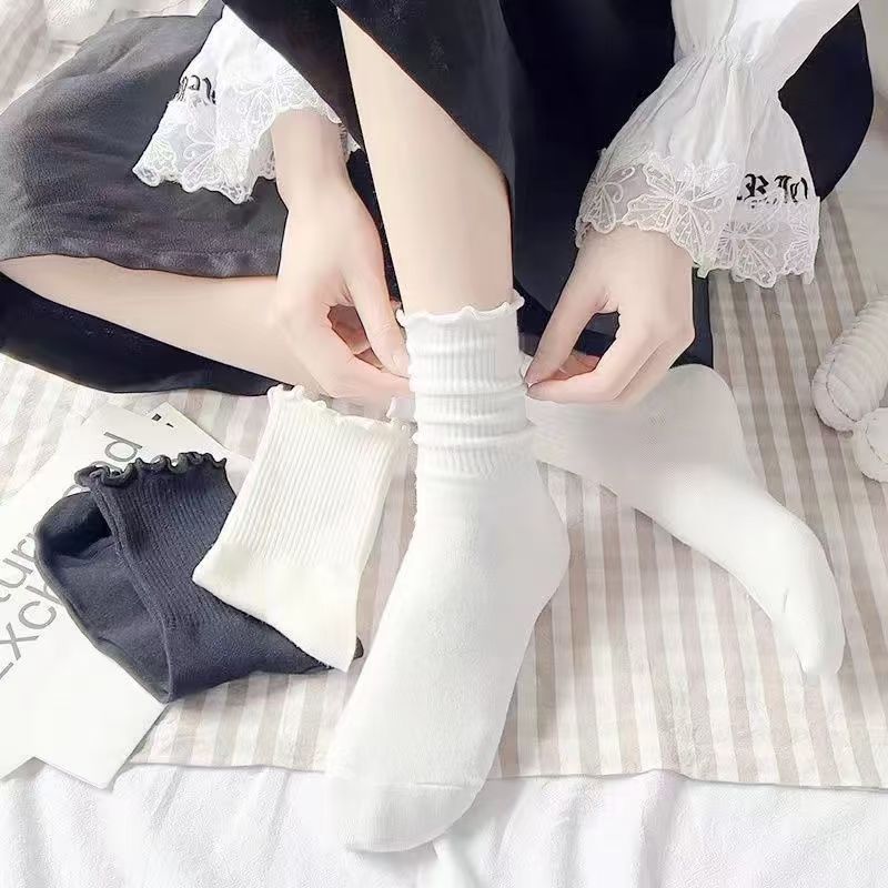 Fungus Edge Socks Women's Milk White Ins Trendy Japanese Style Preppy Style Jk Lace Socks Summer Versatile Mid-Calf Pile Socks