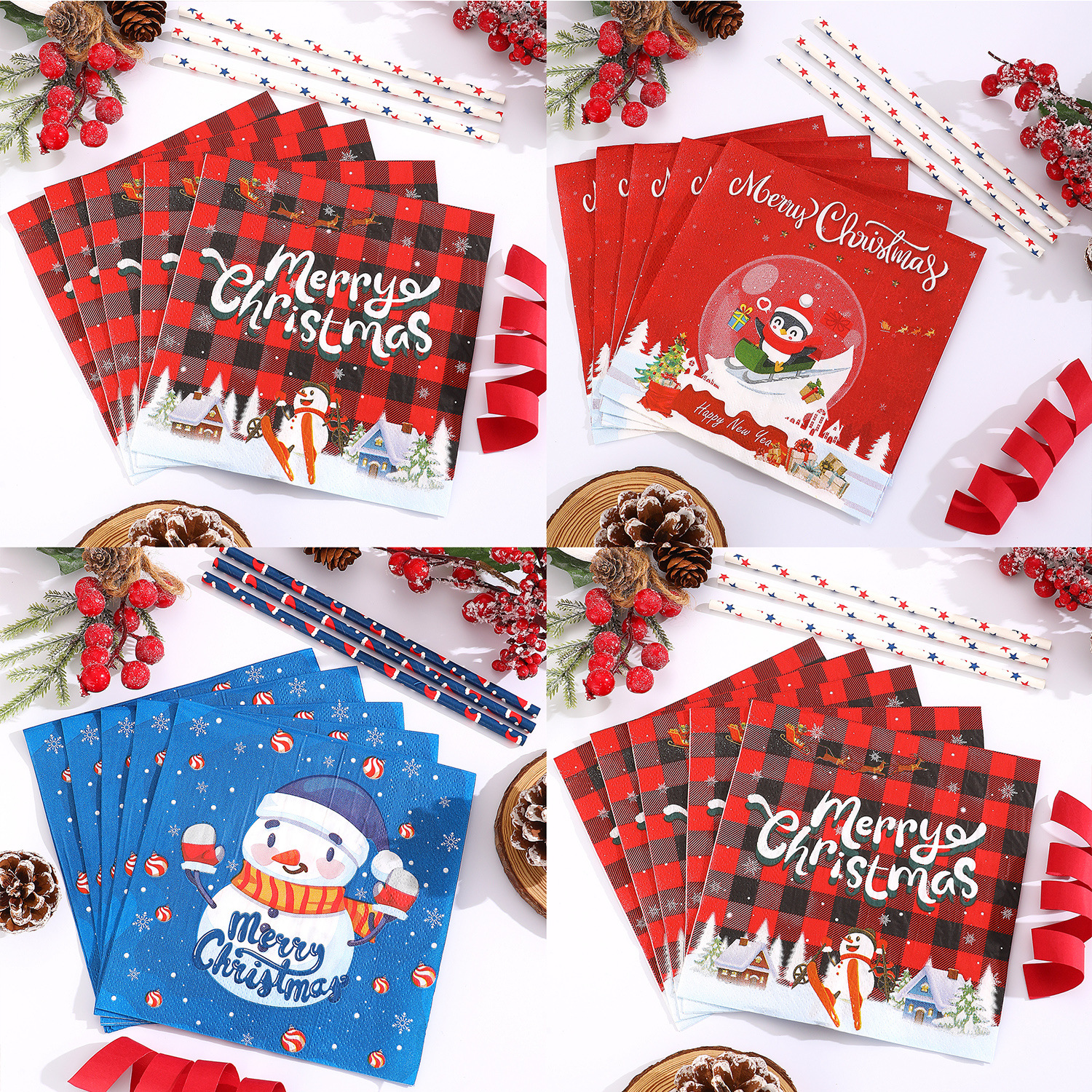 Красные рождественские бумажные полотенца с Санта Клаусом и снеговиком