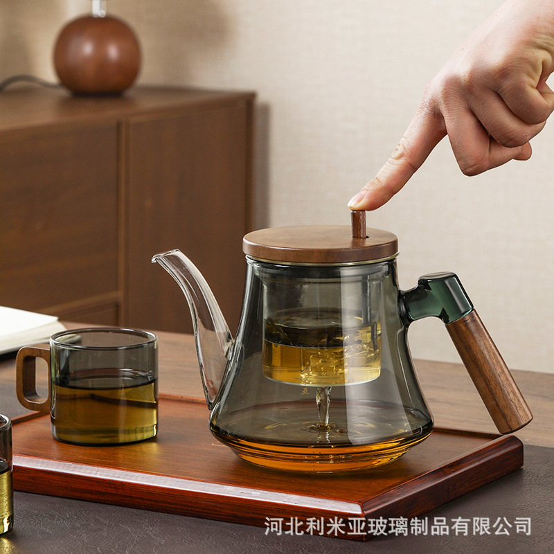 Elegant Cup Teapot with Full Glass Liner, Walnut Thickened Tea-Water Separation Filter, High-End Elegant Cup