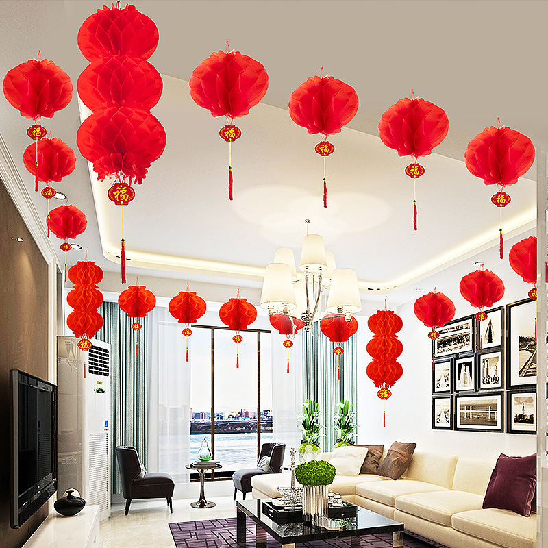 Plastic Paper Small Red Lantern Hanging Decoration Wedding Celebration Small Lantern New Year Decoration Scene Arrangement Paper Lantern Oval Lantern