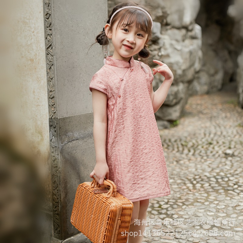 2025 Summer New Style Girls Short-Sleeved Cheongsam Princess Skirt Pure Color Fashion Flower Chinese Style Cheongsam