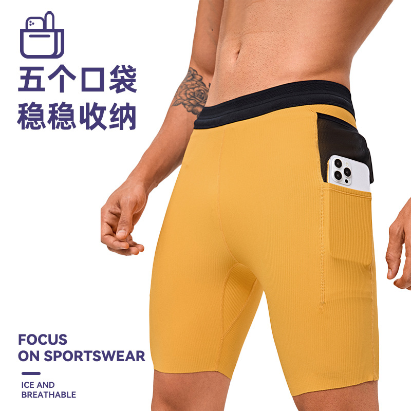 Cross-Border Amazon Spot Nylon High-Elastic Cross-Country Running Sports Quarter Shorts with Inner Liner Compression Pants Quick-Drying Pants