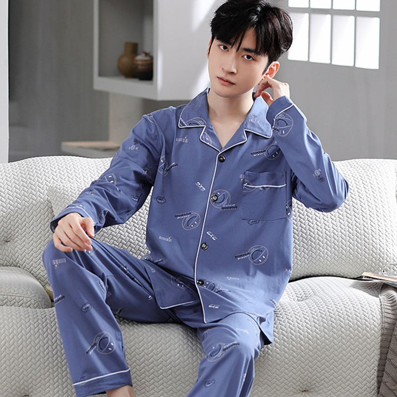 Pajamas for Men Spring and Autum 2025 New Pure Cotton Long-Sleeved Korean Home Clothes Youth Two-Piece Set Can Be Worn Outside