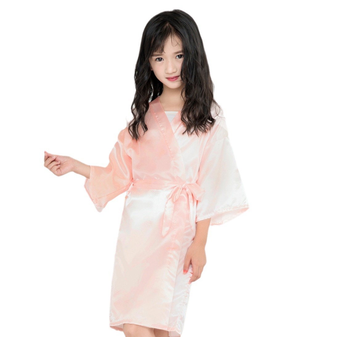 Cross-border Classic Solid Color Children's Party Foreign Trade Summer Plain Thin Imitation Silk Sade Thin Cardigan Nightgown