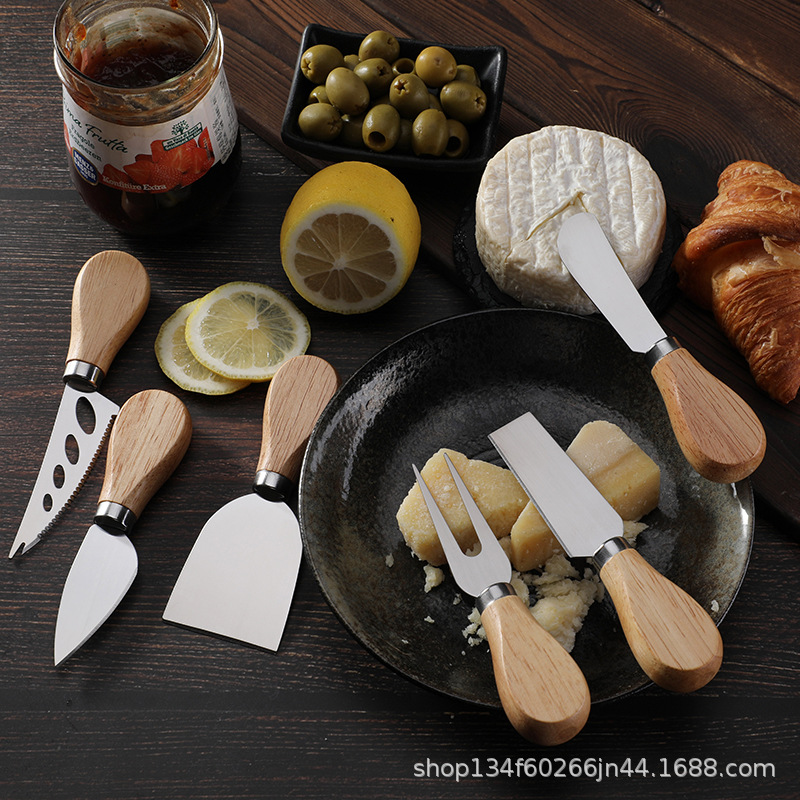 Factory in stock rubber wooden handle stainless steel cheese knife kitchen baking cheese butter knife cross border cheese tools