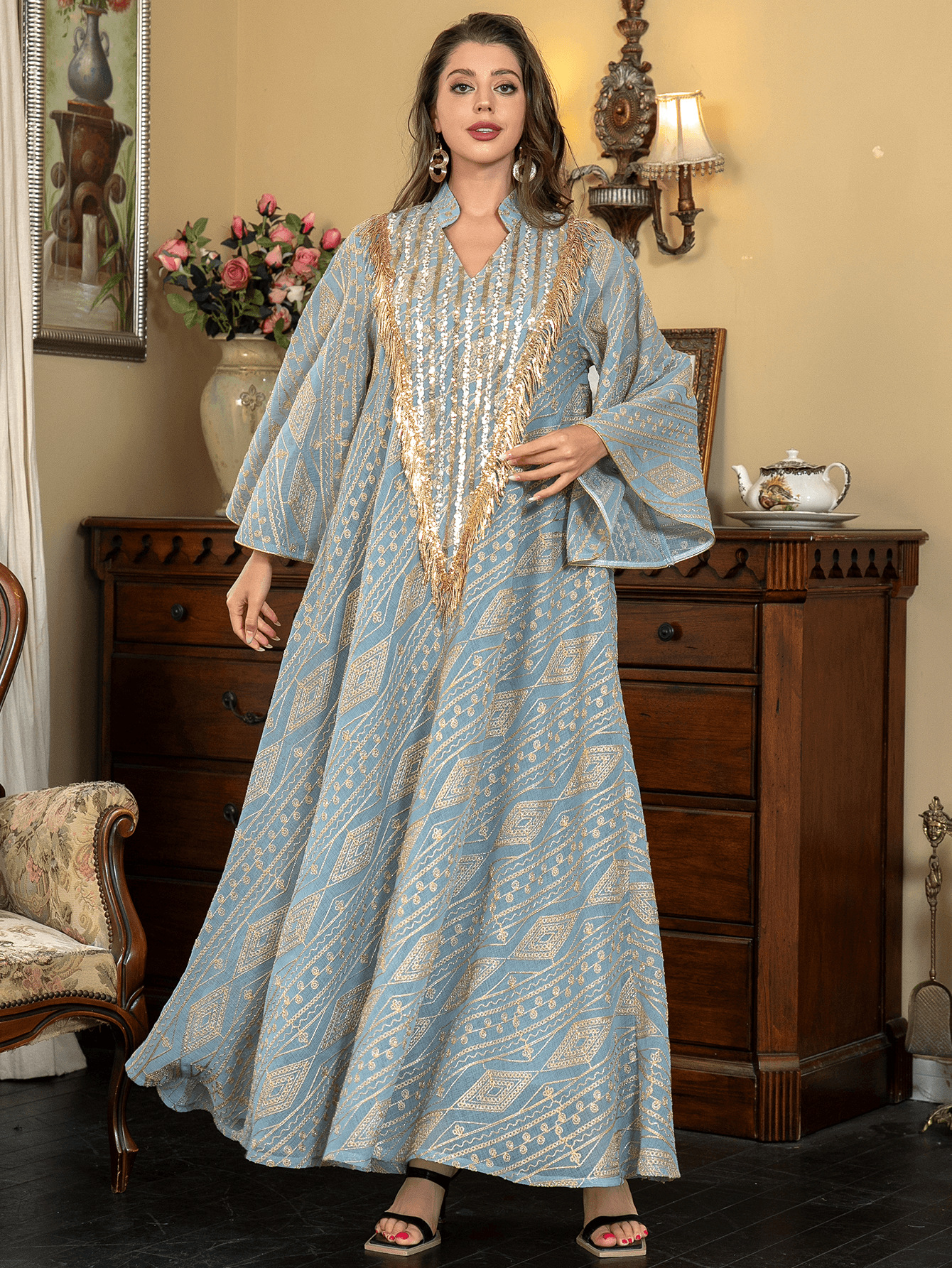 Sw005 Middle Eastern Cross-Border Muslim Evening Dress Arabian Dubai Robe Mesh Embroider Sequins Elegant