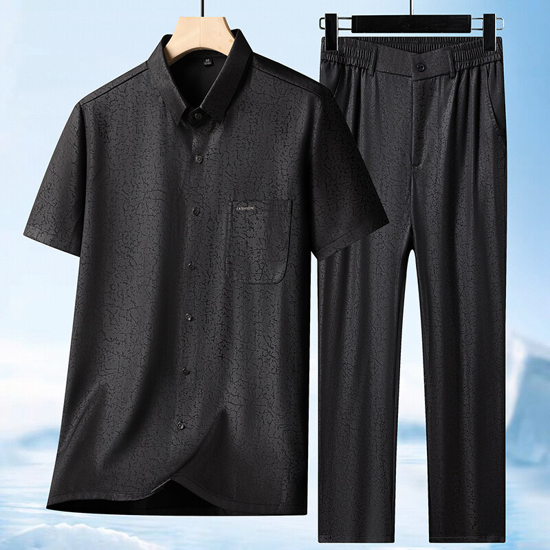 Dad Summer Short-Sleeved Shirt Suit for Middle-Aged and Elderly Men 2025 New Grandpa Ice Silk Two-Piece Suit