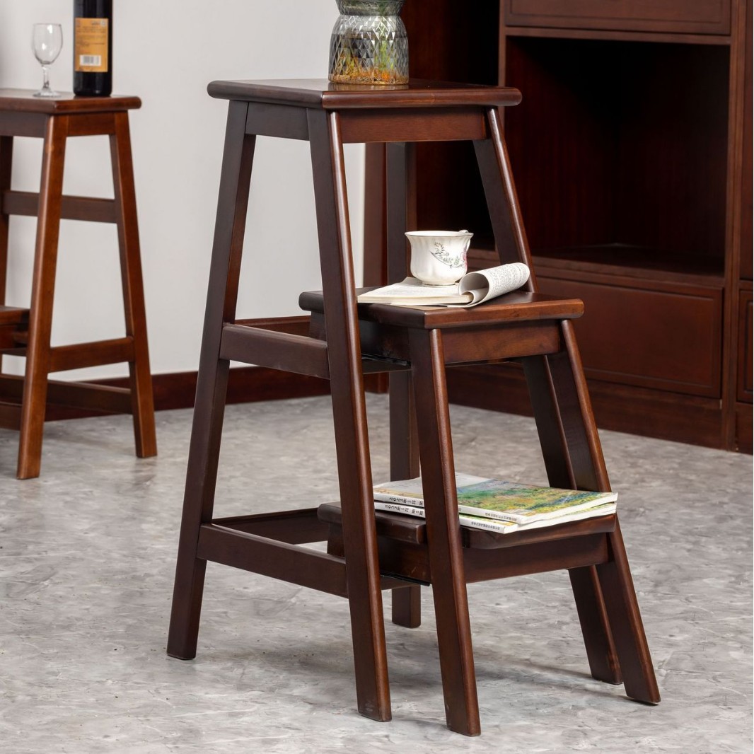 Solid Wood Ladder Stool, Three-Step Ladder Stool, Indoor Storage Flower Stand Ladder, Household Folding Multi-Functional Climbing Ladder Stool Chair