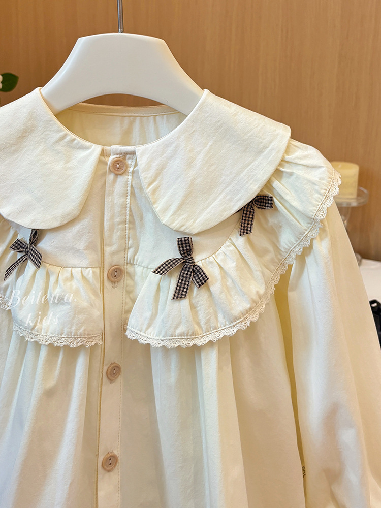 Girls' Spring and Autumn New Shirt Bow Lace Shirt Baby Girl Trendy Western Style All-match Coat Fashionable Top