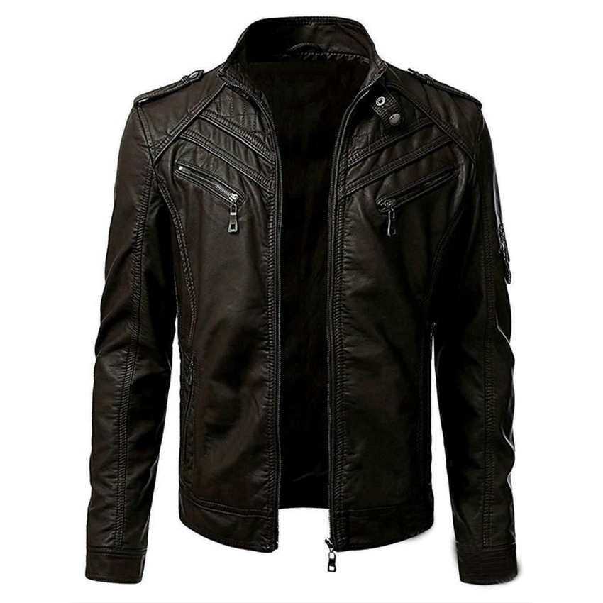 2023 autumn new foreign trade large size leather men's wish best selling European and American color stitching stand collar leather jacket coat