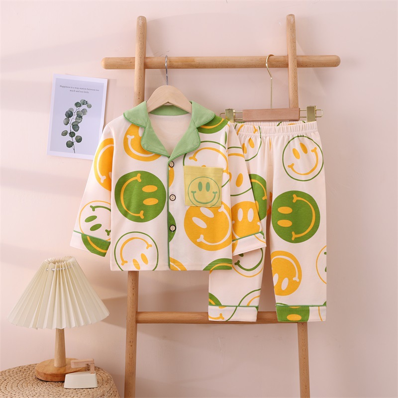 Spring and Autumn new children's cardigan home wear suit girls' cartoon cotton cute pajamas boys' Korean style