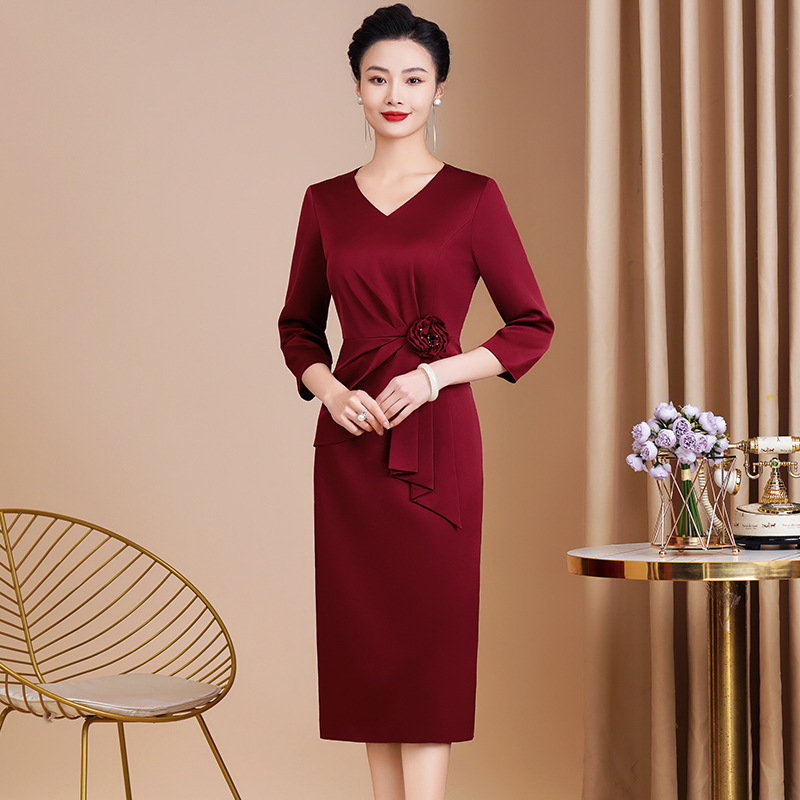 New Hi Mother-in-law Wedding Dress Young Fashion wine red Hi Mother-in-law Dress Slimming Retro High-end dress