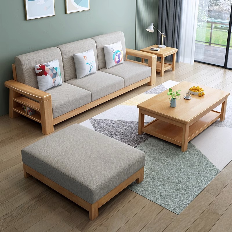 Nordic Solid Wood Sofa Combination Modern Simple Three-Seat Living Room Sofa Bed Small Apartment Log Fabric Sofa