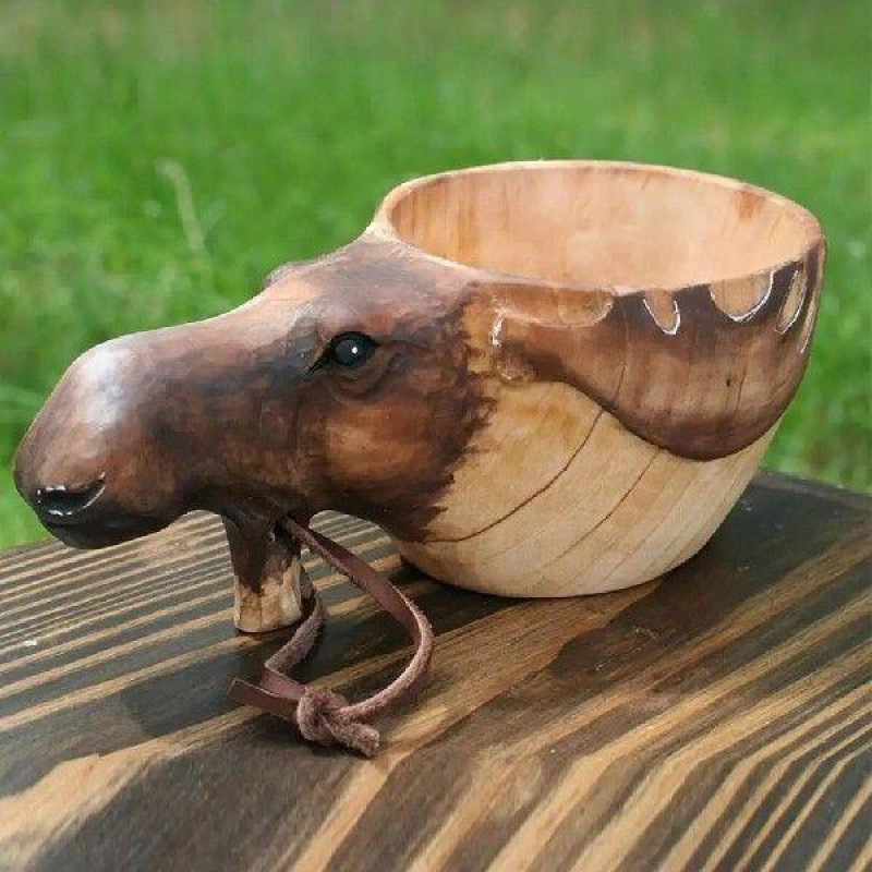 Natural Water Beer Mug Handmade Wood Carved Fox Animal Head