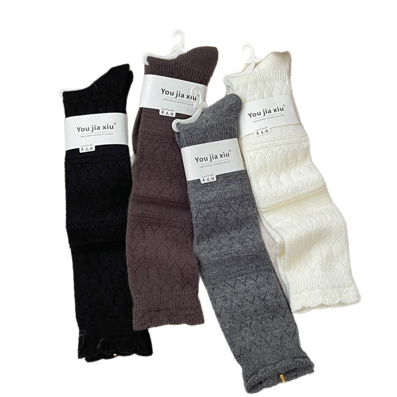 Sweet and Slim Wool Calf Socks for Autumn and Winter, Thickened and Warm, Hollow-Out College Style Long Tube Slouch Socks, Versatile Boots