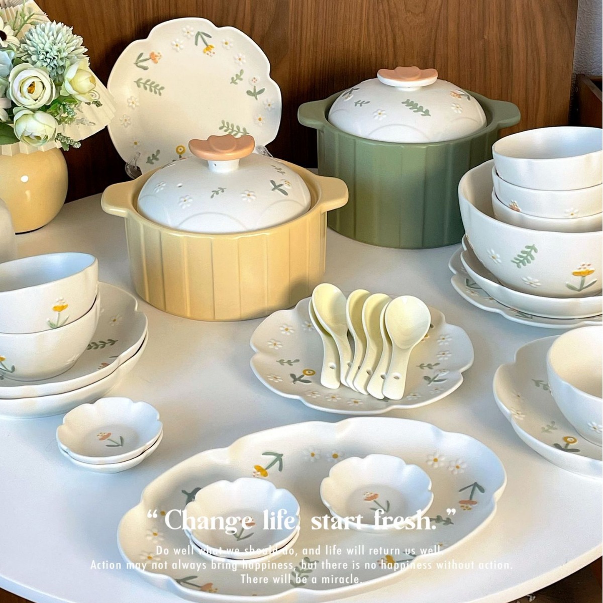 Japanese Retro Daisy Relief Bowl and Plate Set Underglaze Color Ceramic Hand-Painted Household Ceramic Tableware Wholesale