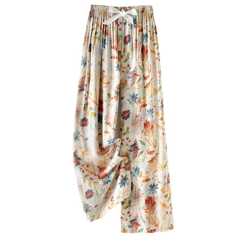 Cotton Silk Pajamas for Women Summer Thin Cotton Silk Nine-Point Wide-Leg Pants Printed Home Wearable Artificial Cotton Pants Plus Size