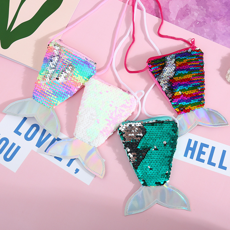 Children's Creative Sequins Mermaid Tail Coin Purse Crossbody Lanyard Coin Bag Small Wallet Storage Lanyard Bag
