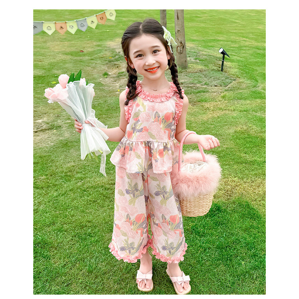 Girls' Floral Lightweight Outfit 2025 Baby Summer Vest and Wide-Leg Pants Two-Piece Set Children's Fashionable Summer Clothing for Toddlers