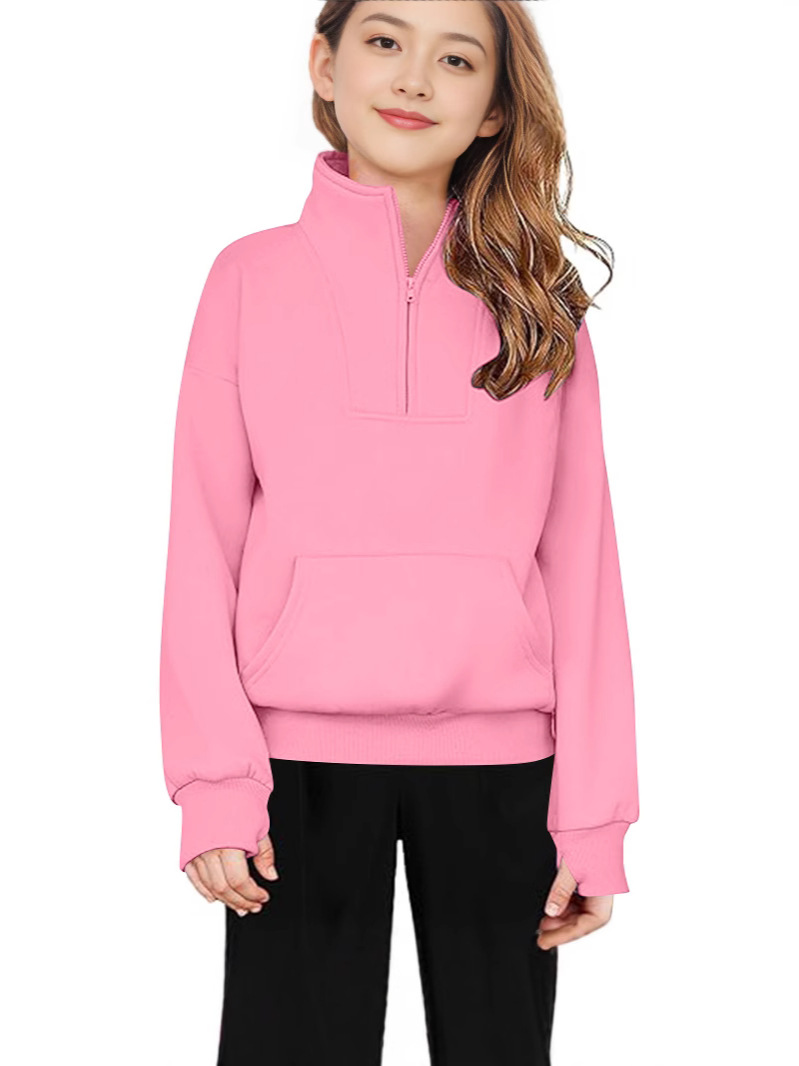 Boys' and Girls' Half-Zip Vertical Collar Sweatshirt Patch Pocket Long-Sleeved Thumb Hole Pullover Spring and Autumn Children's Top Sweatshirt