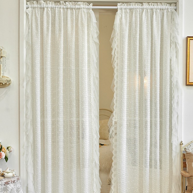 Chanel-Style Solid Color Lace Sheer Curtain, No-Drill Magic Tape Bedroom Bay Window High-End Partition Door Curtain with Rod